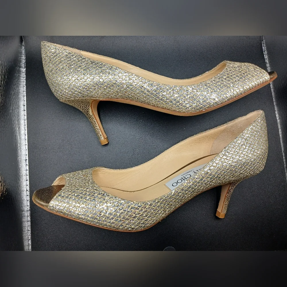 🪩 Jimmy Choo Gold Glitter Peep Toe Heels | Size 36 (US 6) | Made in Italy - Picture 5 of 13